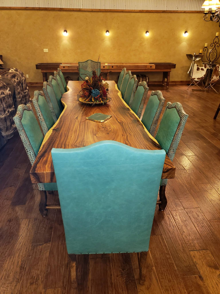 Custom upholstered aqua leather dining chairs - Your Western Decor