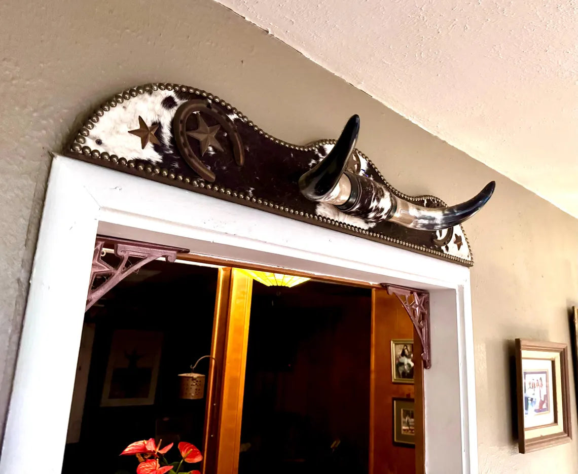 Longhorn and cowhide custom doorway mount made in the USA - Your Western Decor