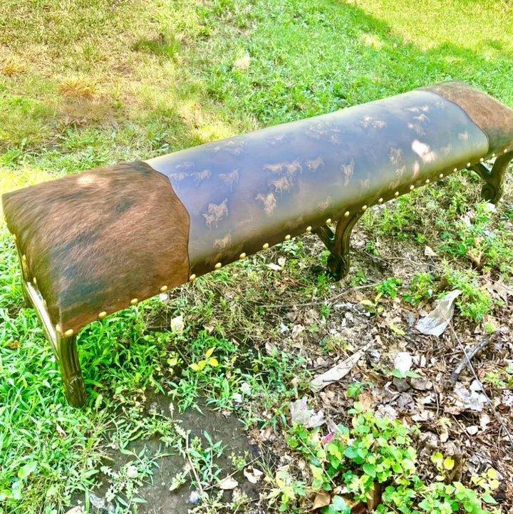 cowhide bench with leather seat western bench seating handcrafted rustic ranch furniture