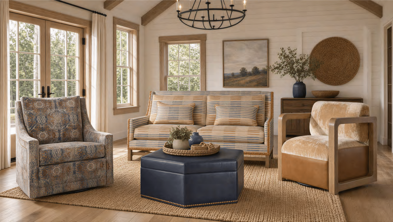 Custom furniture pieces, swivel chairs, sofa settee, and blue leather ottoman