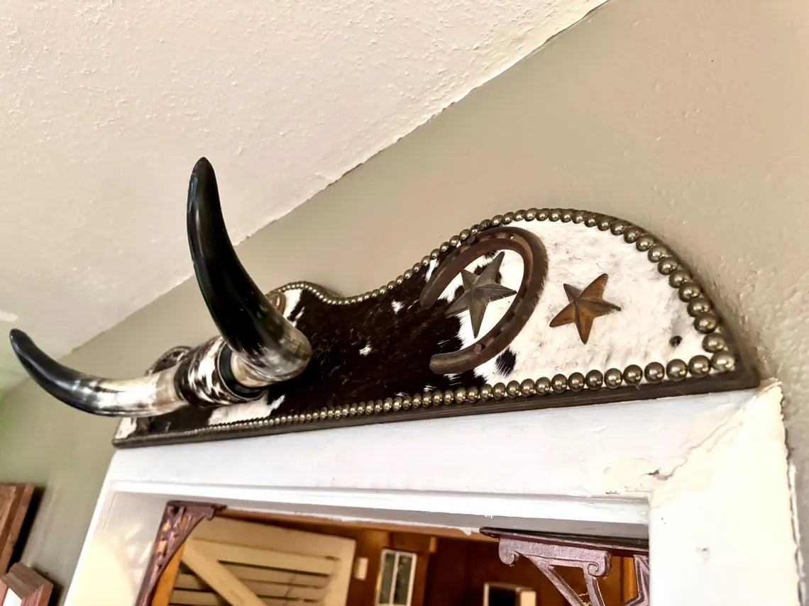 Longhorn and cowhide custom doorway mount made in the USA - Your Western Decor