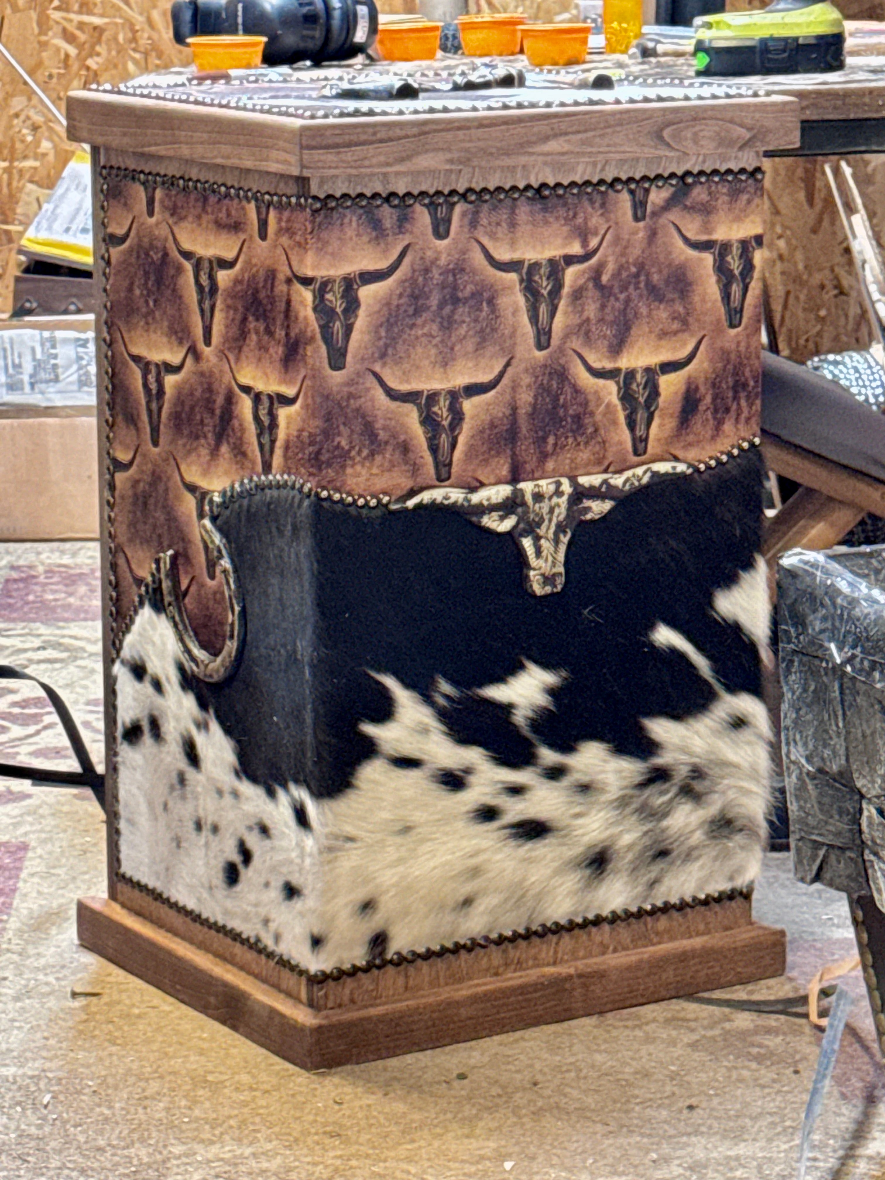 Texas upholstered storage bin with longhorn leather, cowhide and embellishments - Your Western Decor