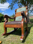 Custom upholstered fabric and leather western rocking chair