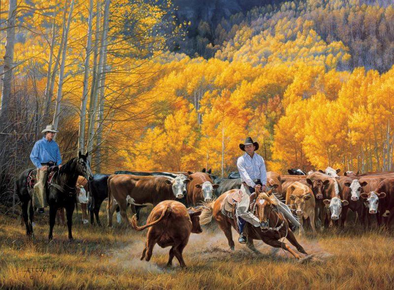 The cutting dance western art shows cowboy cutting cows, art by Tim Cox - Your Western Decor