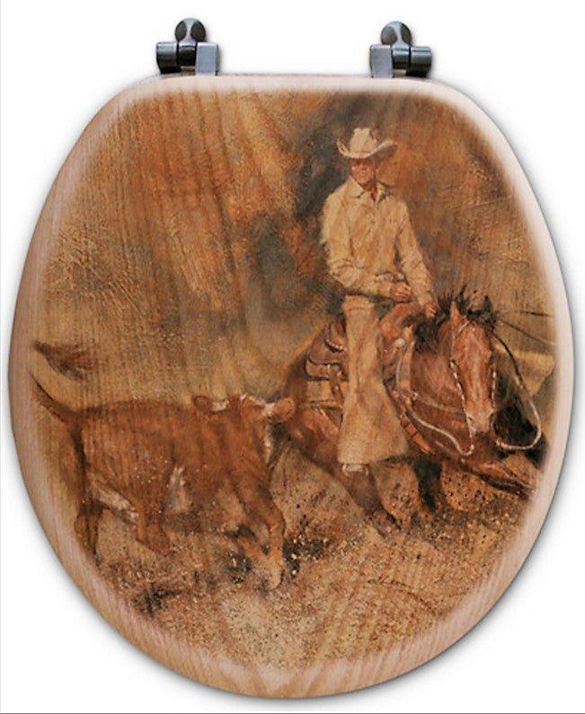 Cutting Horse and Cowboy, Decorative Oak Round Toilet Seats - Your Western Decor