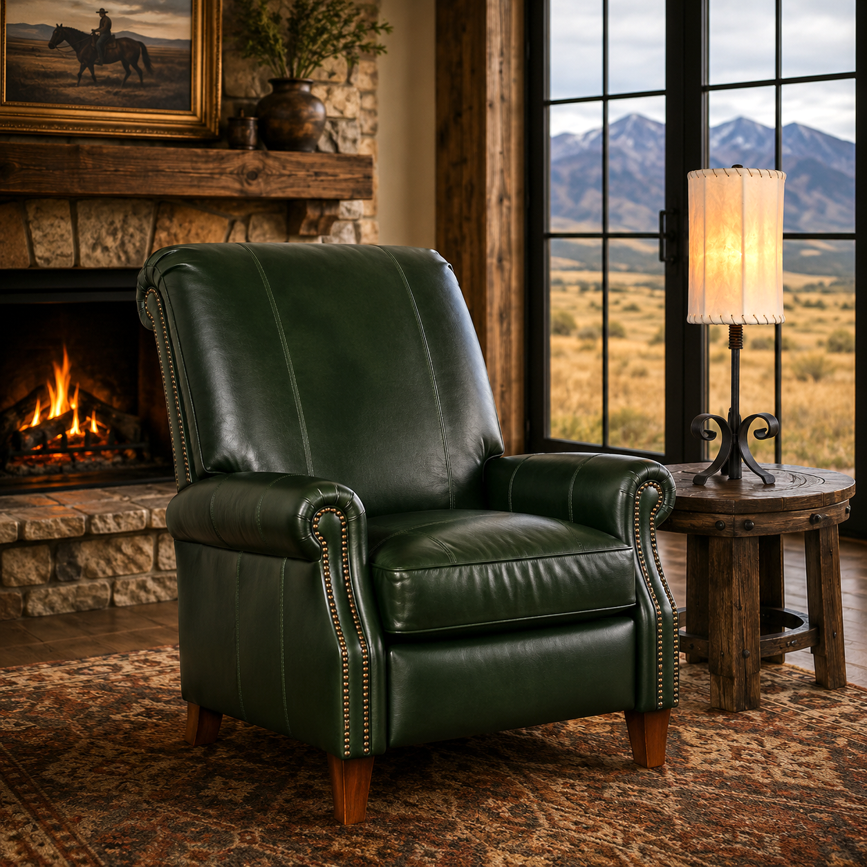 Emerald Ridge XL olive leather recliner with nailhead trim in luxury ranch living room