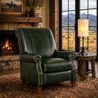 Emerald Ridge XL olive leather recliner with nailhead trim in luxury ranch living room