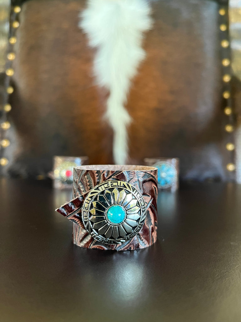 Dallas Tooled Leather Napkin Ring with Turquoise Sunflower Concho handmade by Your Western Decor