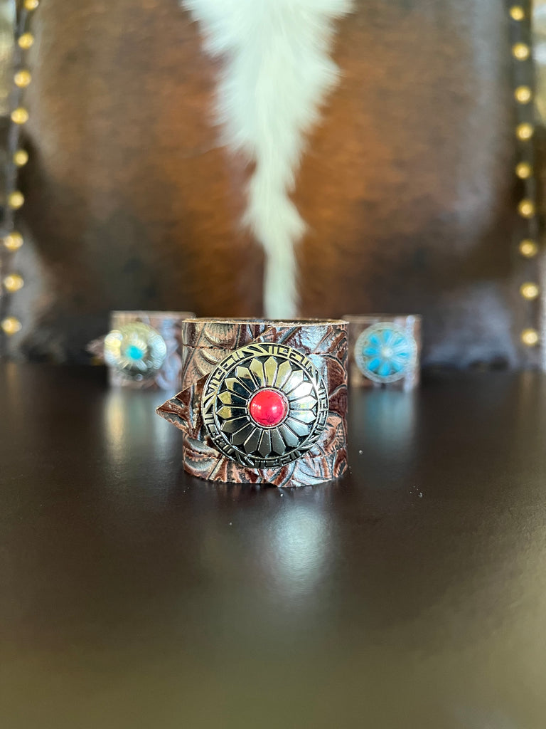 Dallas Tooled Leather Napkin Ring with Red Sunflower Concho handmade by Your Western Decor