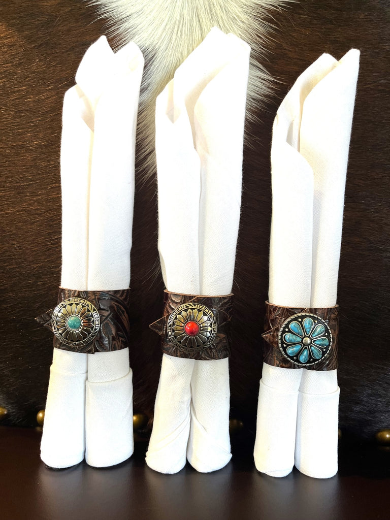 Western tooled leather concho napkin rings handmade by Your Western Decor in Oregon