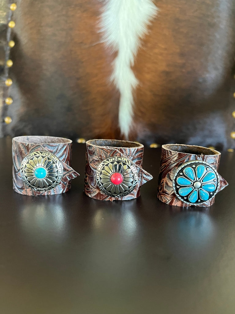 Dallas Tooled Leather Napkin Rings  with Flower Color Conchos - Handmade by Your Western Decor