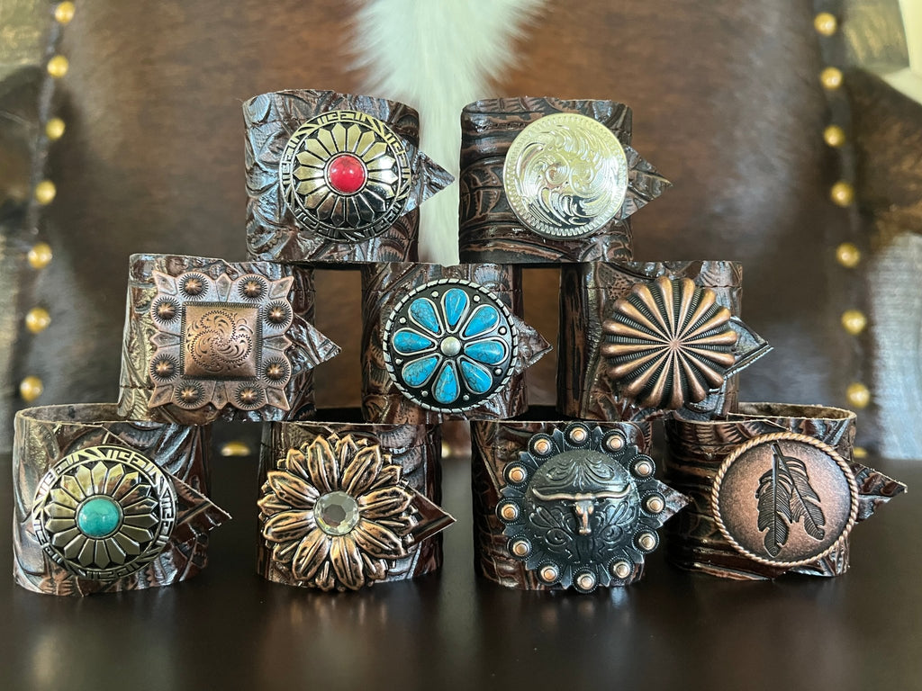 Handmade western leather and concho napkin rings by Your Western Decor