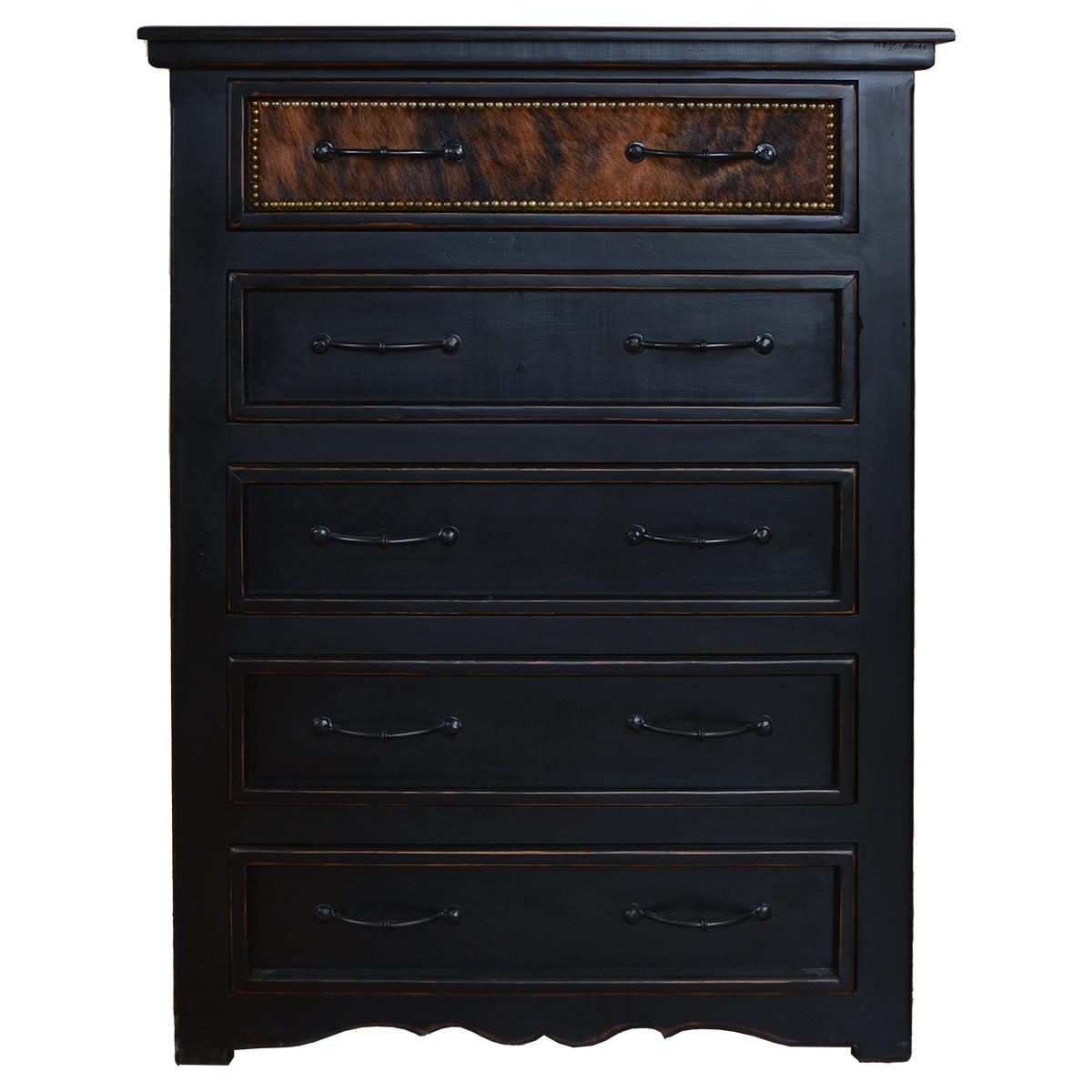 Distressed ebony 4 drawer dresser with brindle cowhide upholstered top drawer - Your Western Decor