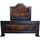 Distressed ebony finished bed frame with dark brindle cowhide upholstery - Your Western Decor