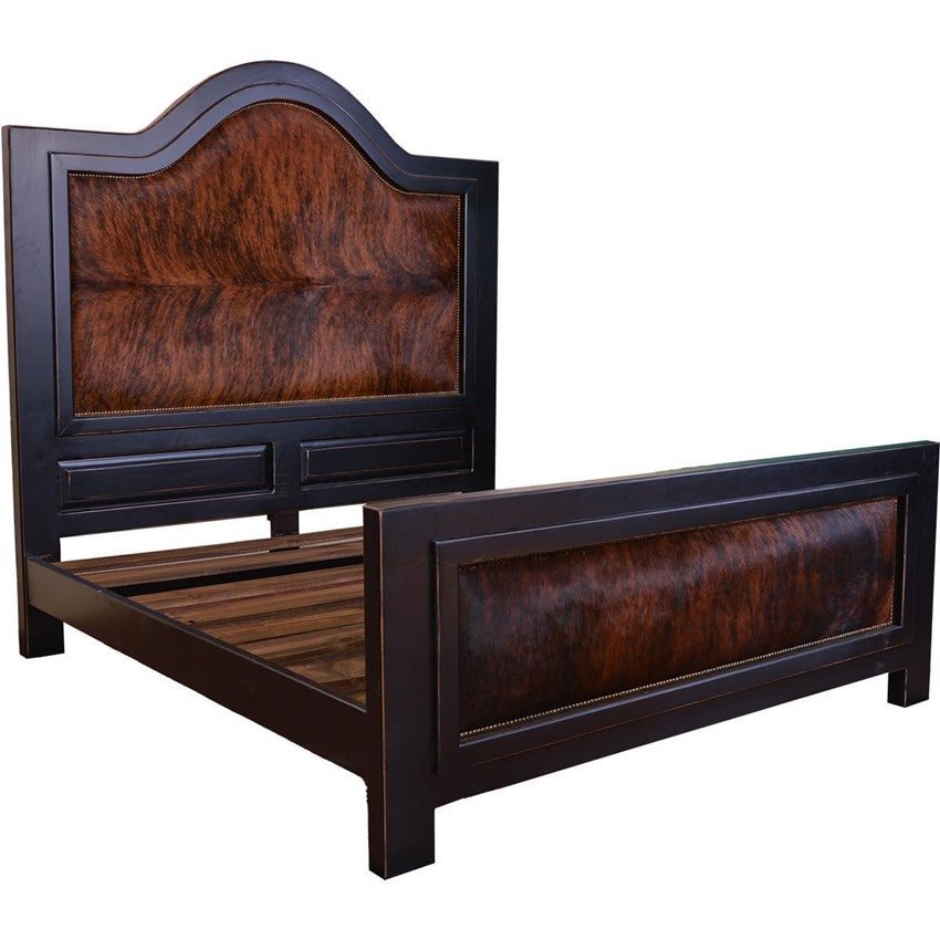 Distressed ebony finished bed frame with dark brindle cowhide upholstery - Your Western Decor