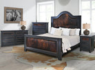 Distressed ebony finished bedroom furniture with dark brindle cowhide upholstery - Your Western Decor