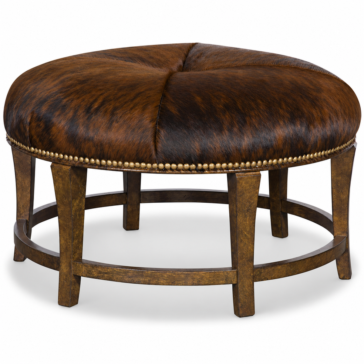 Round dark brindle cowhide open frame ottoman with nail trim 