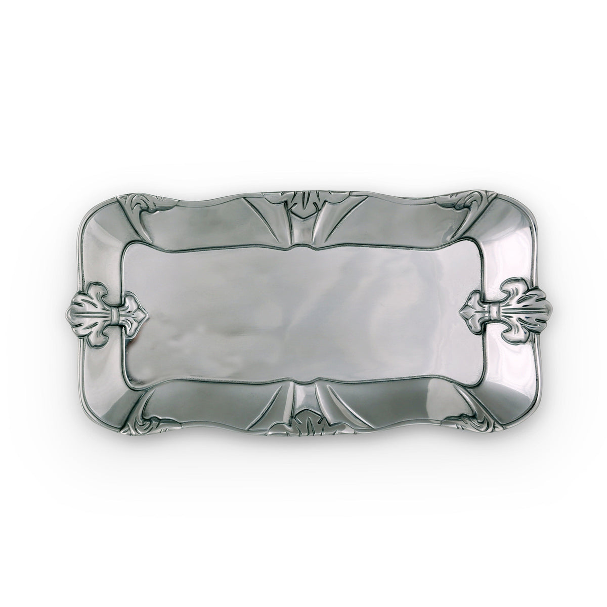 Silver decorative tray with intricate designs on a white background