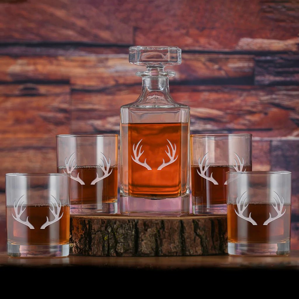 Antler Sand Carved Whiskey Decanter Set 5-pc Set made in the USA - Your Western Decor