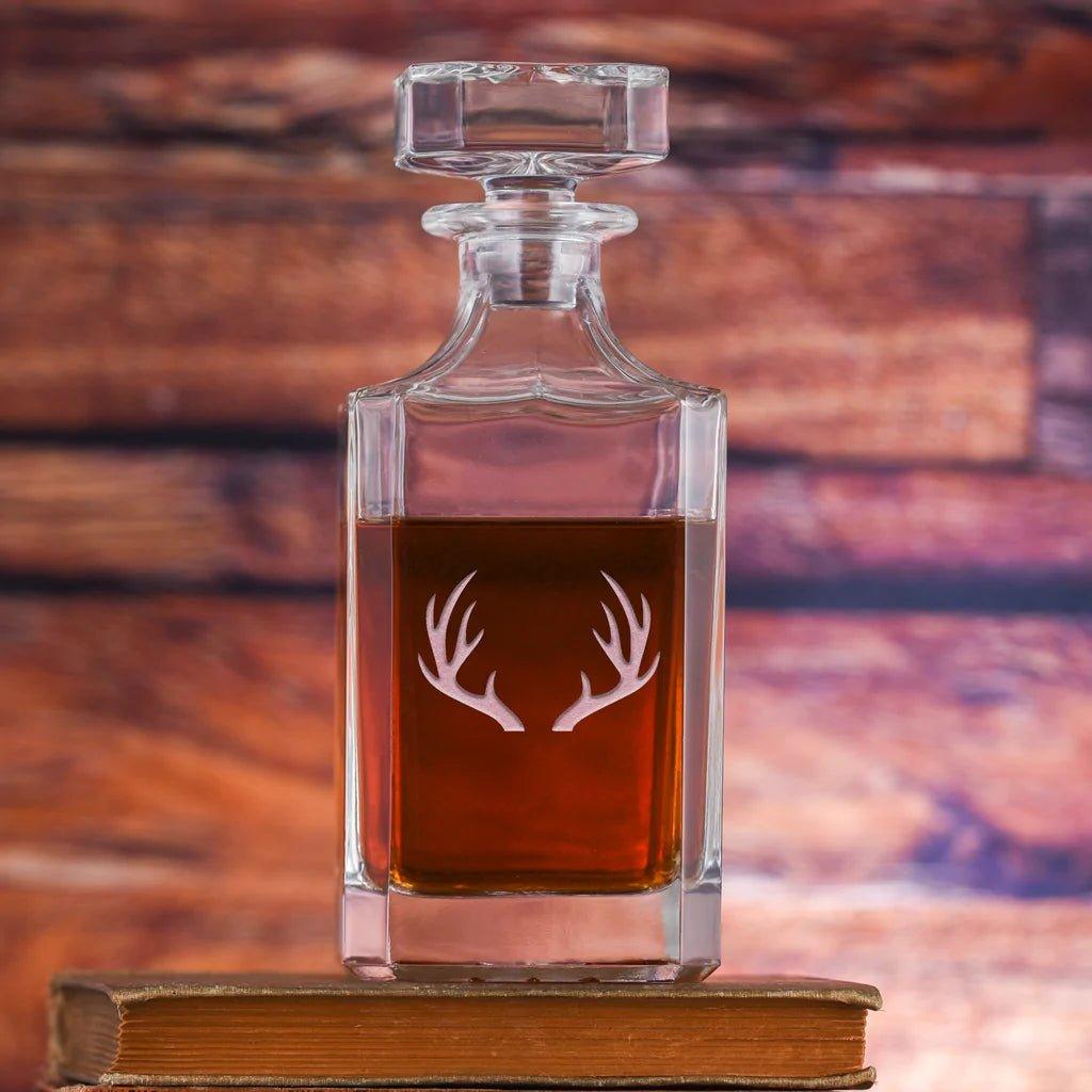 Deep sand carved whiskey decanter with antlers - Made in the USA - Your Western Decor