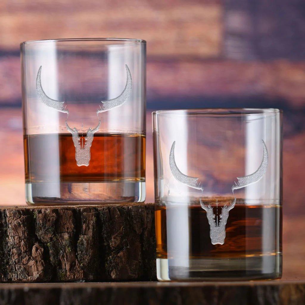 Deep sand carved longhorn steer double old fashioned glasses made in the USA - Your Western Decor