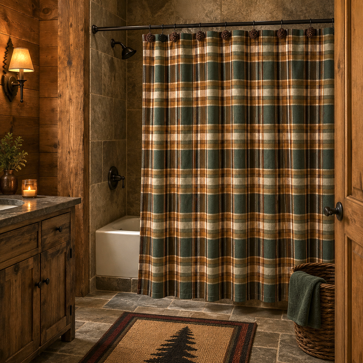 Deep Woods Plaid Shower Curtain made from 100% cotton in a luxury rustic lodge bathroom with stone flooring and wood plank walls.
