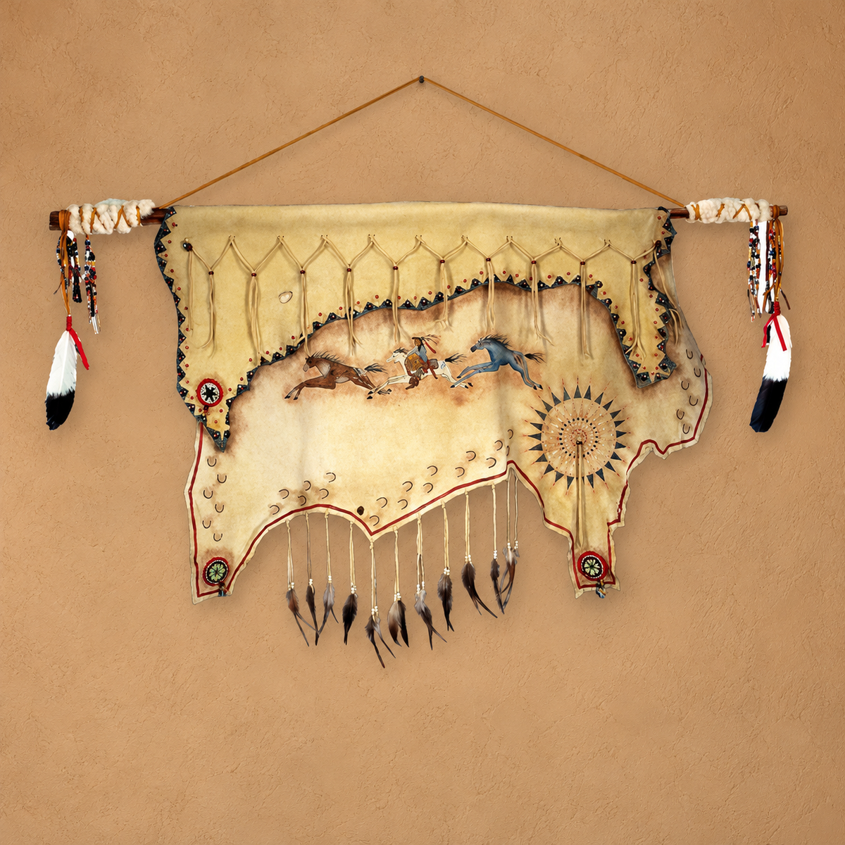 Authentic deer hide wall hanging with Native American paintings, feathers, wool, and leather tassel detail made in the USA