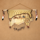 Authentic deer hide wall hanging with Native American paintings, feathers, wool, and leather tassel detail made in the USA