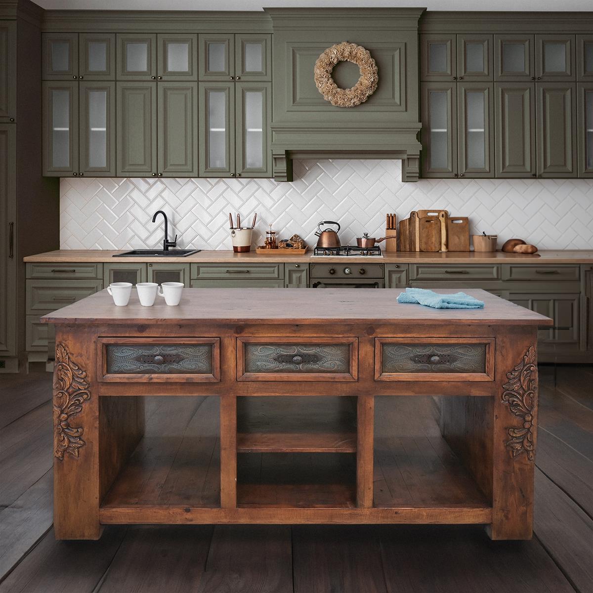 Custom made oversize Delaware Western Kitchen Island with leather drawer panels - Your Western Decor