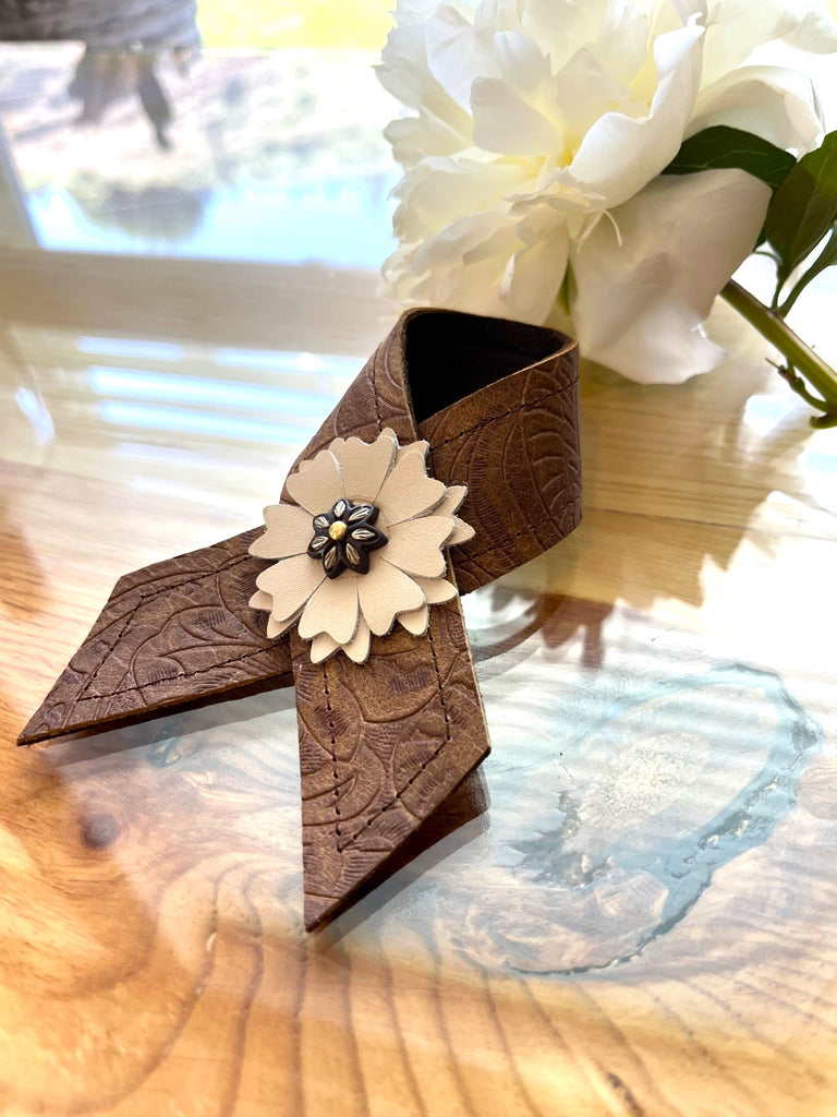 Denver brown embossed leather napkin ring with leather flower concho - Your Western Decor