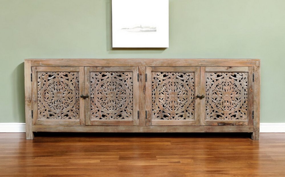 rustic carved mango wood media console cabinet