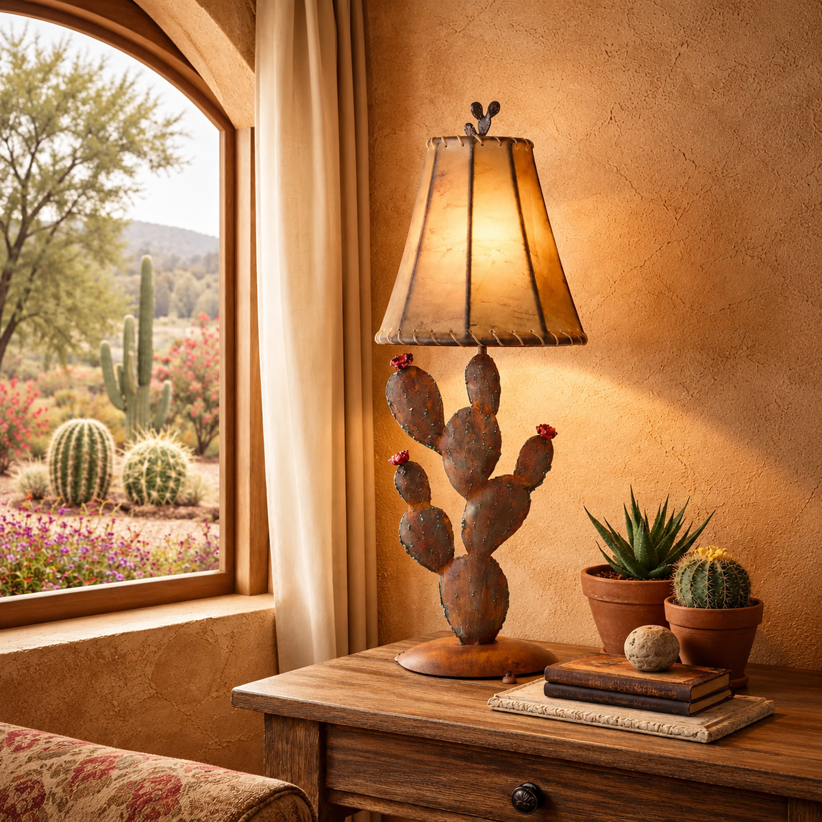 A rustic table lamp shaped like a cactus with a warm glowing light brown 12" rawhide conical shade, placed on a wooden side table in a desert-themed room with cacti and a window view.