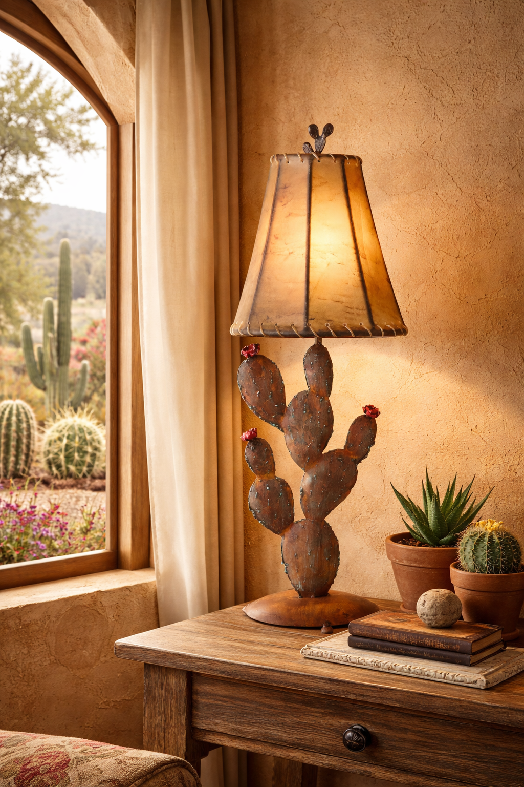 Decorative lamp shaped like a cactus on a wooden table with a window view of cacti outside - Your Western Decor