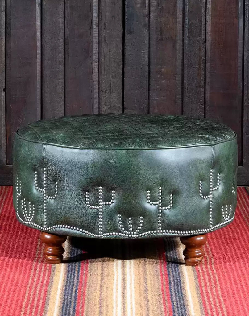 American Made Desert Cactus Round Leather Ottoman - Your Western Decor