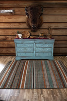 American made Desert Hues Area Rugs in stripes of browns, white, green, grey, and terra cotta - Your Western Decor