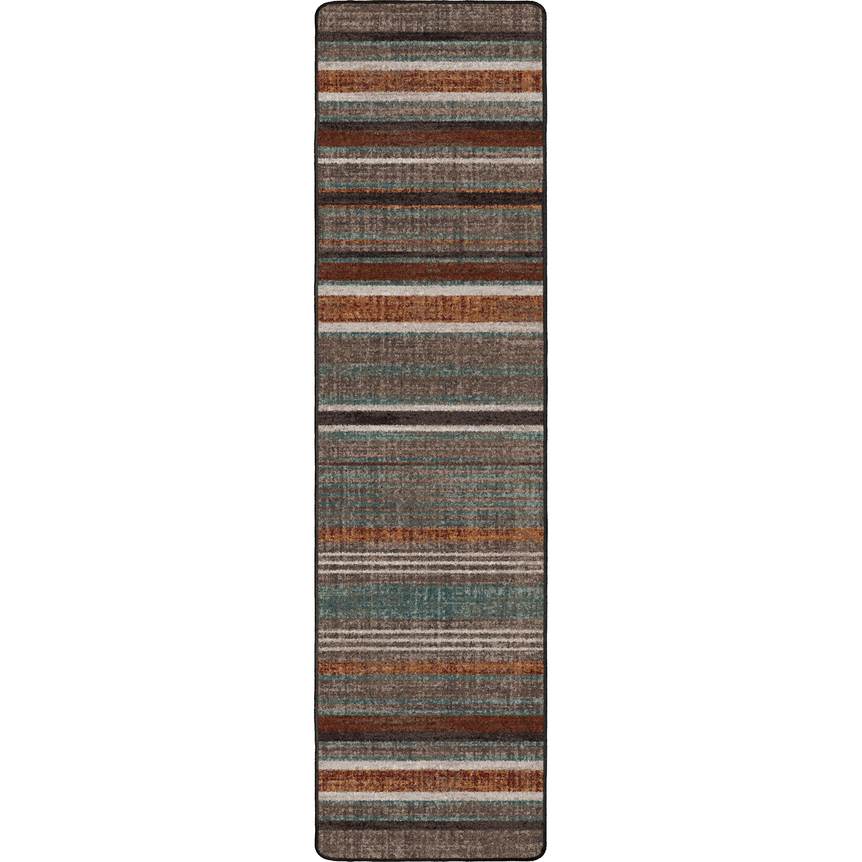 American made Desert Hues Floor Runner in stripes of browns, white, green, grey, and terra cotta - Your Western Decor