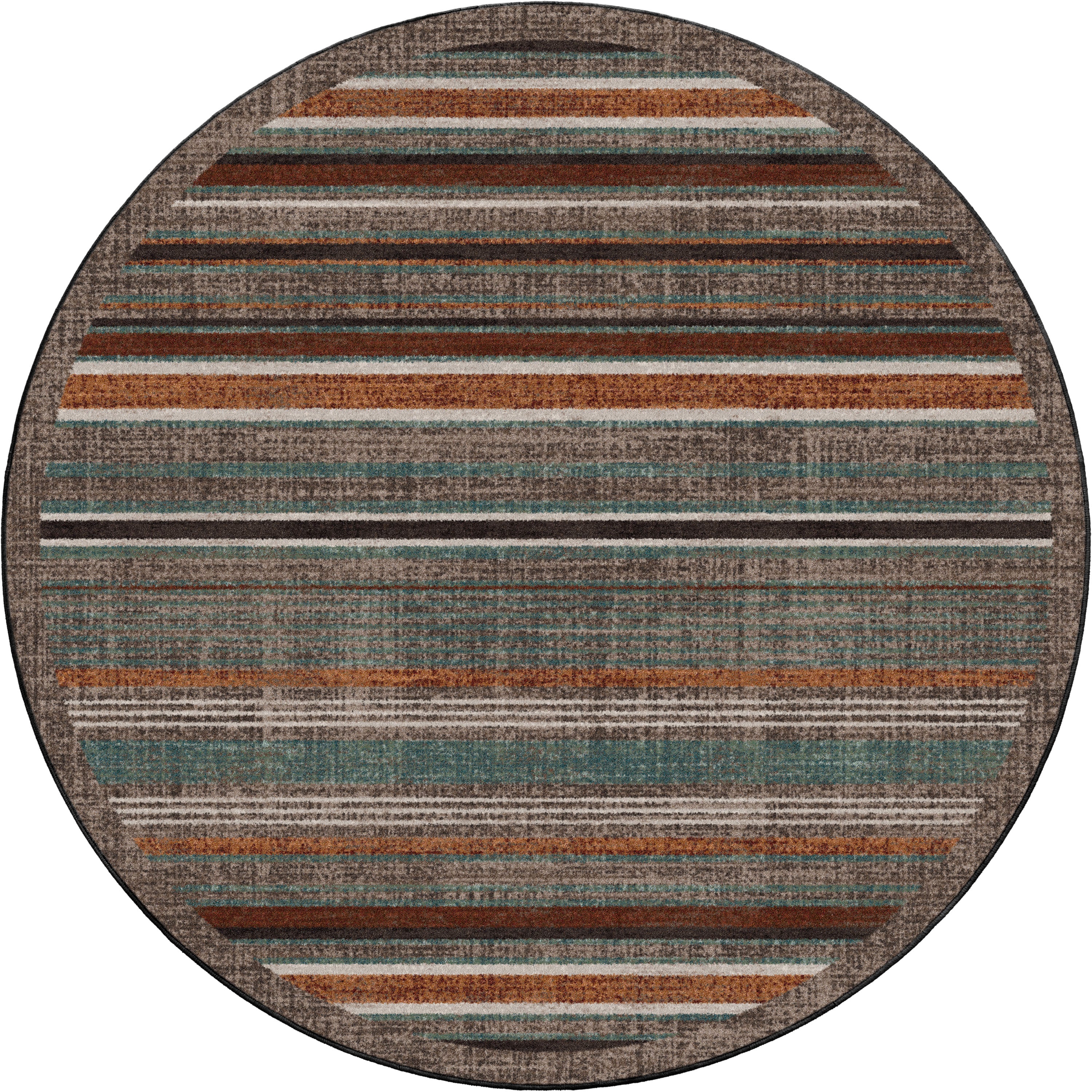 American made Desert Hues 8' Round Area Rug in stripes of browns, white, green, grey, and terra cotta - Your Western Decor