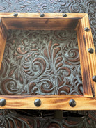 Cowhide coaster display box with copper denim embossed leather