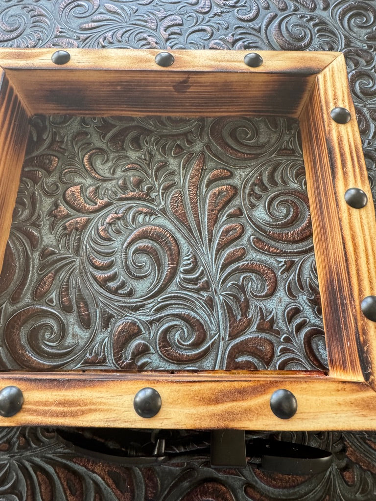 Cowhide coaster display box with copper denim embossed leather