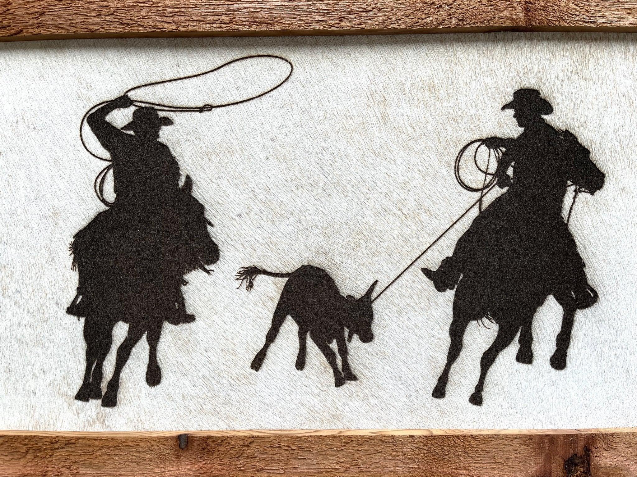 cowboy team roping wall art laser engraved on genuine cowhide western decor