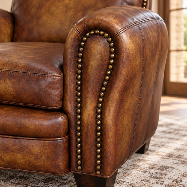 Close-up of a brown leather armchair or sofa section with rolled arms, brass nailhead trim, and visible wood legs in an indoor room setting.