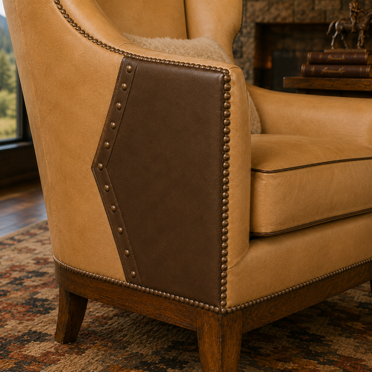 Side view detail of dark and light brown leather with nail trim on Sydnee leather wingback chair 