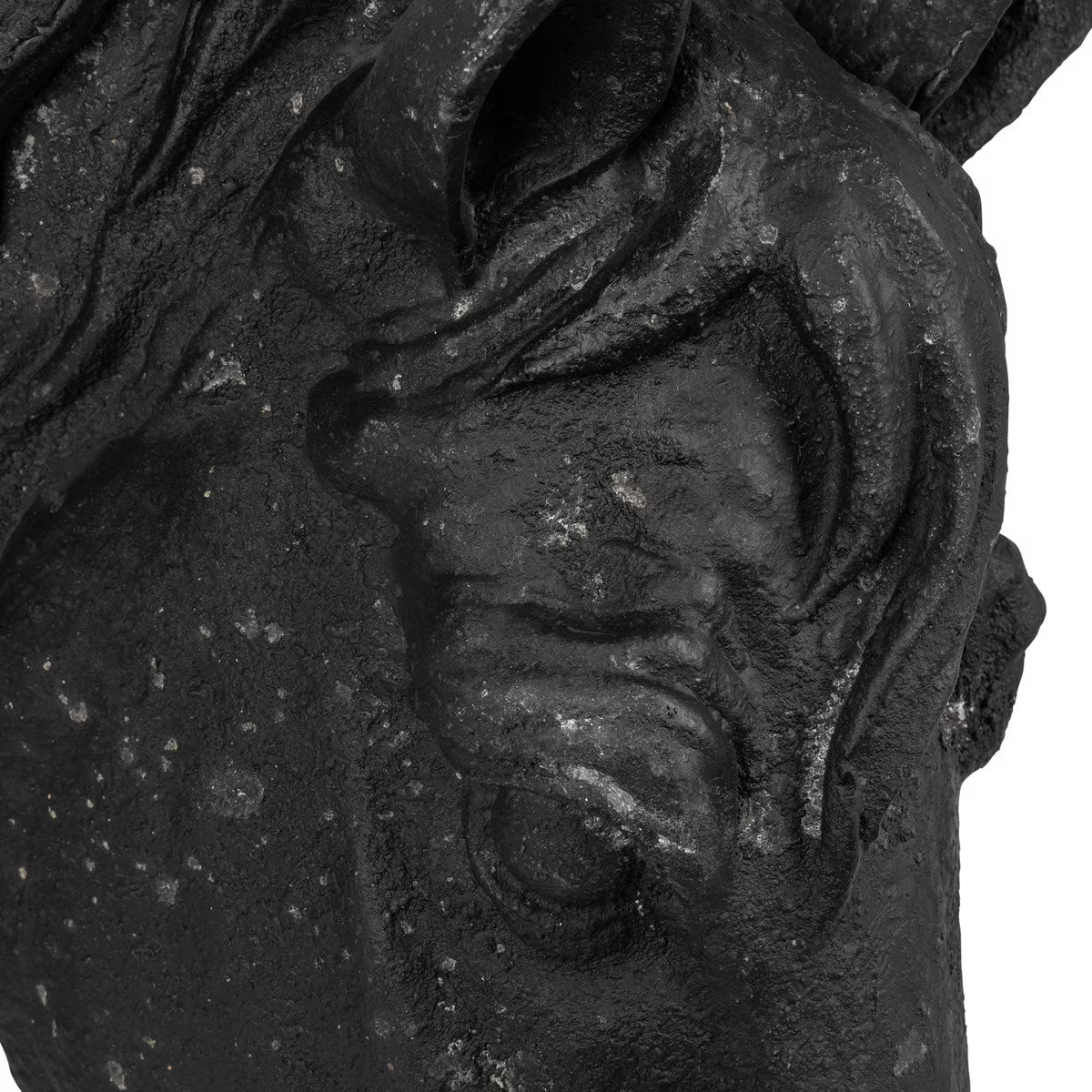 Close up detail of black horse wall sculpture 