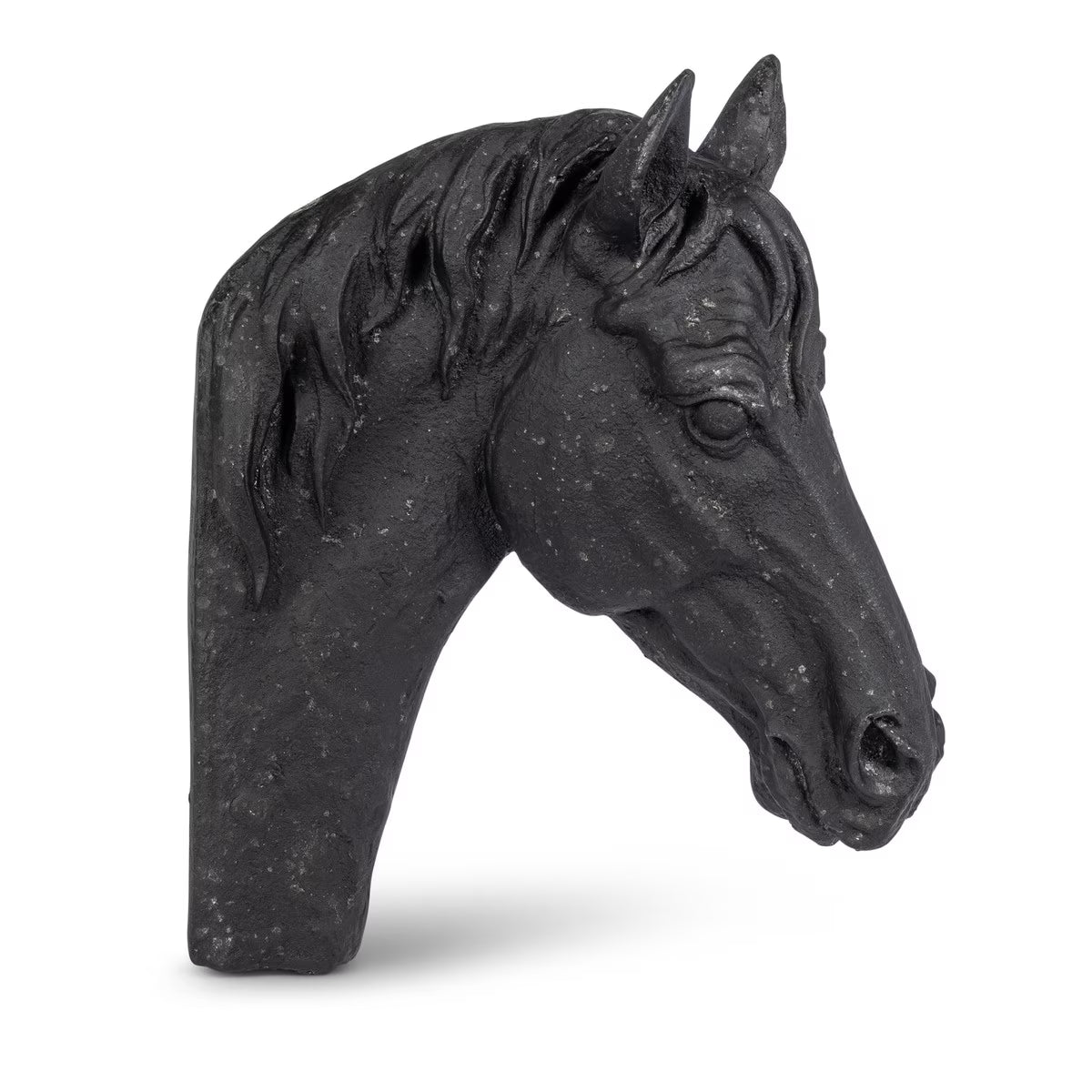 A black stone horse head sculpture shown in profile against a plain white background.