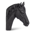 A black stone horse head sculpture shown in profile against a plain white background.