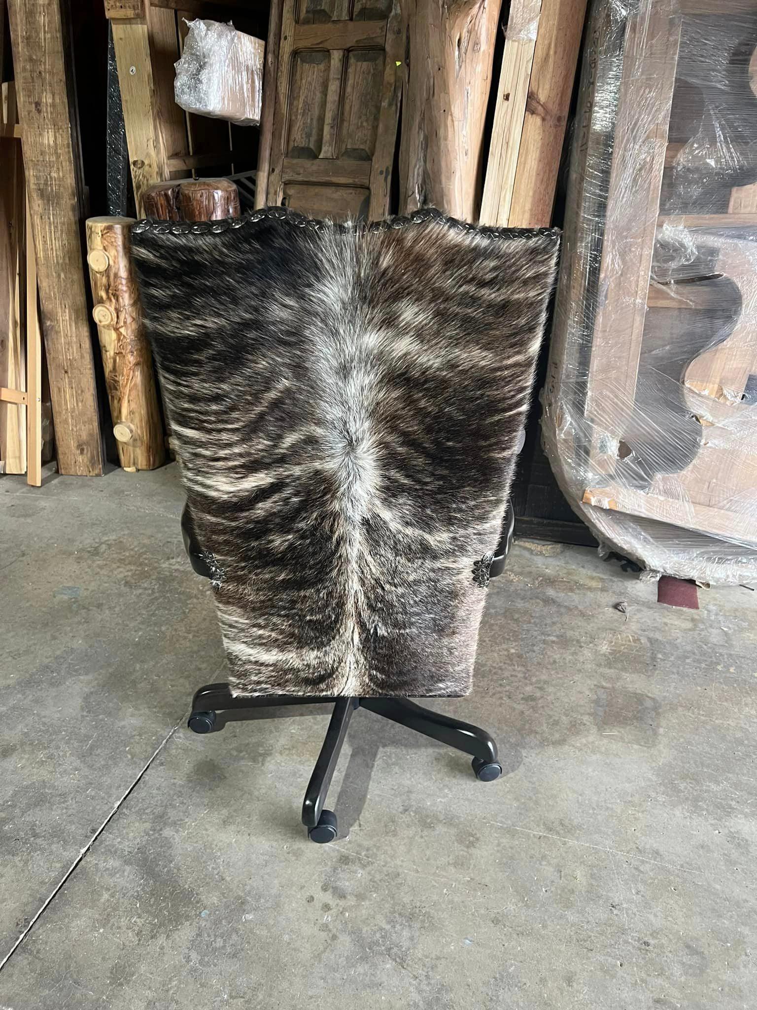 Rustic Distressed Leather Office Chair with Brindle Cowhide Back - Your Western Decor