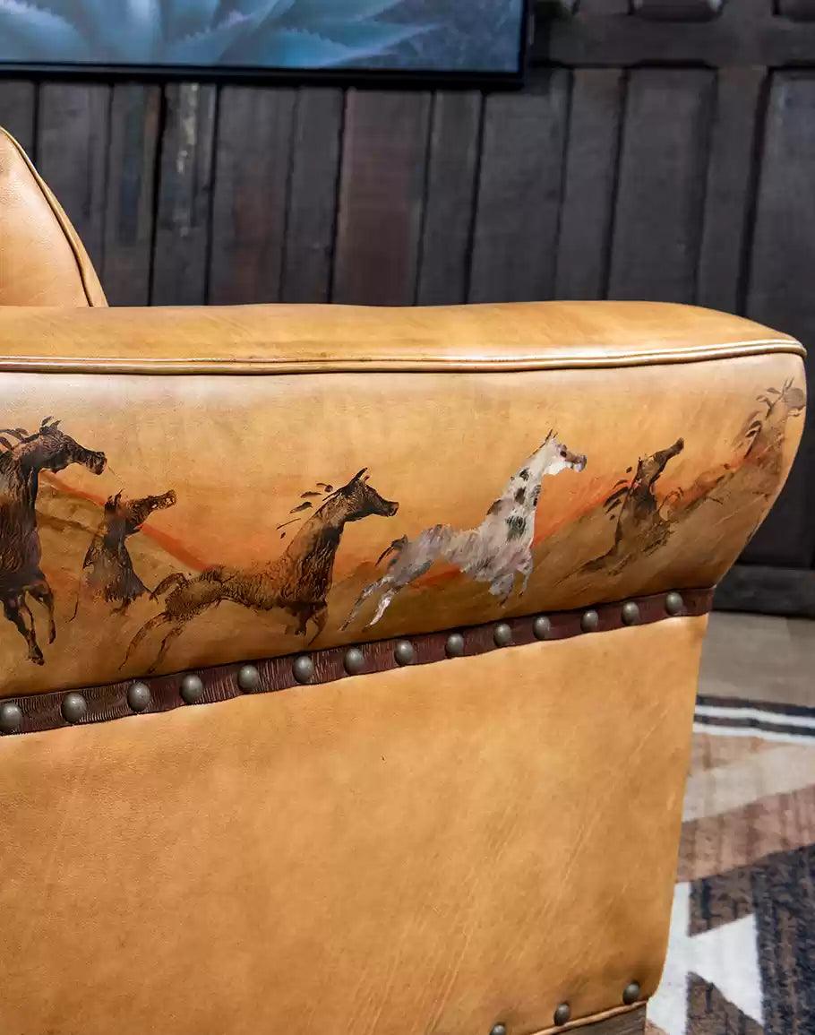 American made Duncan Mustang Tan Leather Couch with hand painted Mustang horses - Your Western Decor