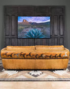 American made Duncan Mustang Tan Leather Couch with hand painted Mustang horses - Your Western Decor