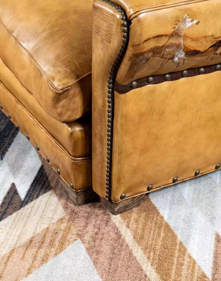 American made Duncan Mustang Tan Leather Couch with hand painted Mustang horses - Your Western Decor