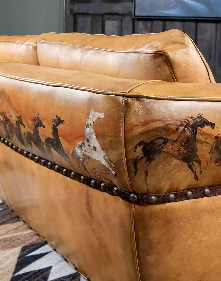 American made Duncan Mustang Tan Leather Couch with hand painted Mustang horses - Your Western Decor